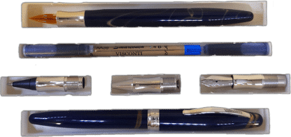 Set da scrittura arte della scrittura visconti con uno strumento si scritture stilografico un puntale sfera un puntale roller secondo gruppo pennino tagliato e cannuccia con pennino in cristallo colore blu titanic