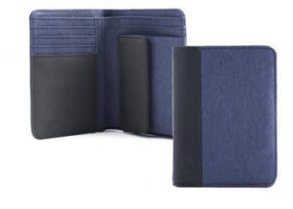 portafoglio in verticale nava linea twin colore blu con 6 tasche per carte di credito portamonete e porta banconote con rfid aperto e chiuso
