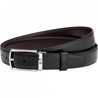 Cintura Montblanc in pelle reversibile colore nero/marrone fibbia ad ardiglione rettangolare in acciaio pregiato con finitura palladio lucido con emblema Montblanc