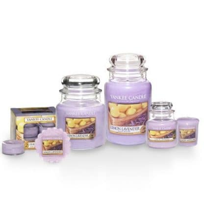 Candele profumate yankee candle fragranza Lemon Lavender disponibile in più formati grande media piccola per auto tea light sampler e tart
