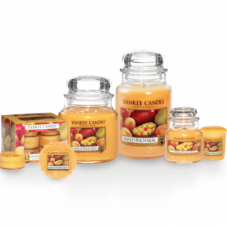 Candele profumate yankee candle fragranza Mango Peach Salsa disponibile in più formati grande media piccola per auto tea light sampler e tart
