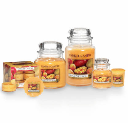 Candele profumate yankee candle fragranza Mango Peach Salsa disponibile in più formati grande media piccola per auto tea light sampler e tart