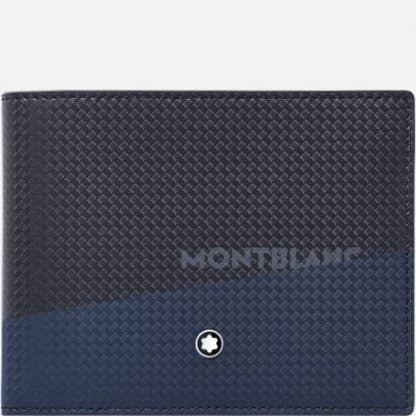 Portafoglio Montblanc in pelle di vitello con stampa della trama della fibra di carbonio di colore nero e blu con logo sul davanti