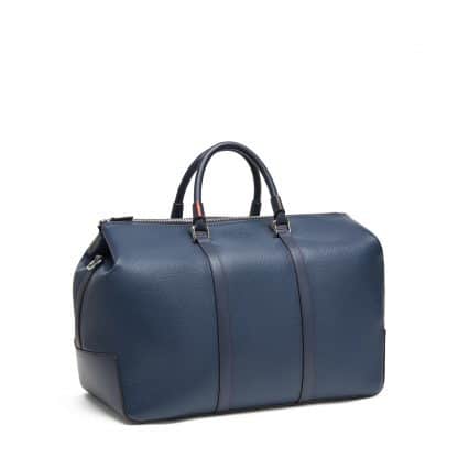 Fedon borsa da viaggio in pelle bottalata di colore blu con tracolla e doppio manico vista trasversale