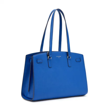 Fedon Erera borsa donna in pelle Saffiano di colore blu con manici lunghi e tracolla sganciabile vista trasversale