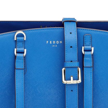 Fedon Erera borsa donna in pelle Saffiano di colore blu con manici lunghi e tracolla sganciabile particolare tracolla