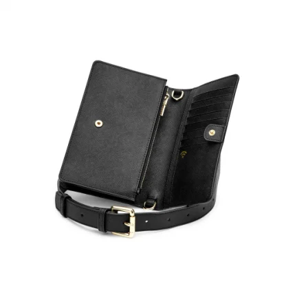 Fedon Erera Mini Bag in pelle Saffiano di colore nero con tracolla regolabile tasca posteriore ed una tasca interna con zip vista aperta