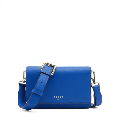 Fedon Erera Mini Bag in pelle Saffiano di colore blu con tracolla regolabile tasca posteriore ed una tasca interna con zip